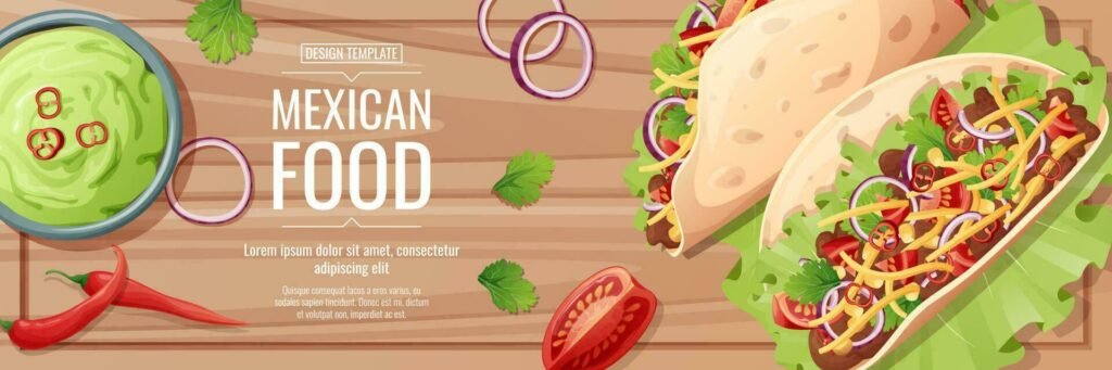 horizontal banner with tacos with meat filling and vegetables tortilla stuffed with guacamole saucetraditional mexican food vector
